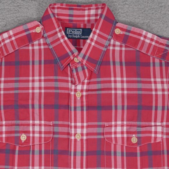 Polo Ralph Lauren Shirt Mens Medium Pink Plaid Button Up Long Sleeve Epaulettes - Picture 1 of 14